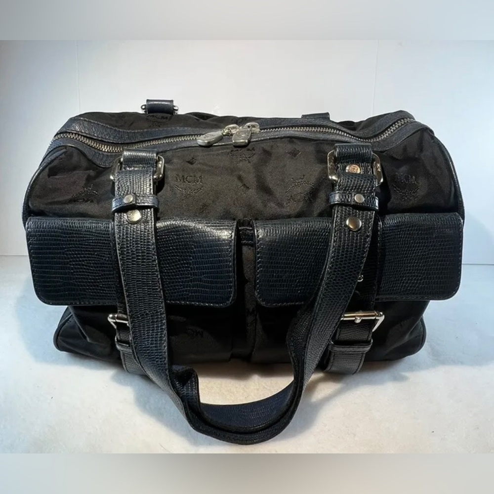 MCM Authentic Navy Blue/Black Leather & Vinyl Boston Bag Silver Hardware